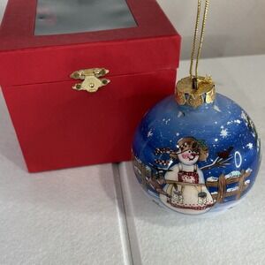 Costco Reverse Hand Painted Glass Snowman Christmas Ornament 4" Holiday Boxed